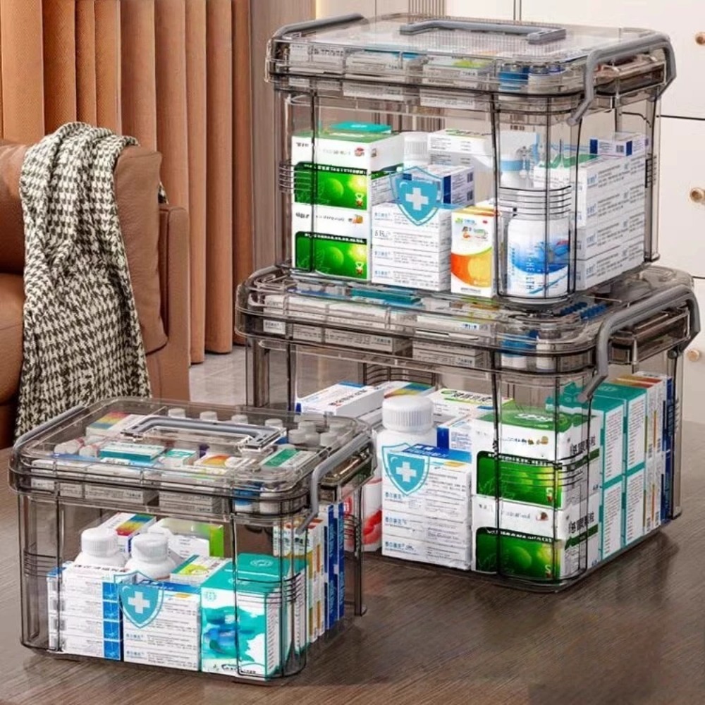 First Aid Kit - トレイ付きクリアメディスンオーガナイザー収納ボックス、プラスチック救急箱空、厚みのある薬容器チェスト