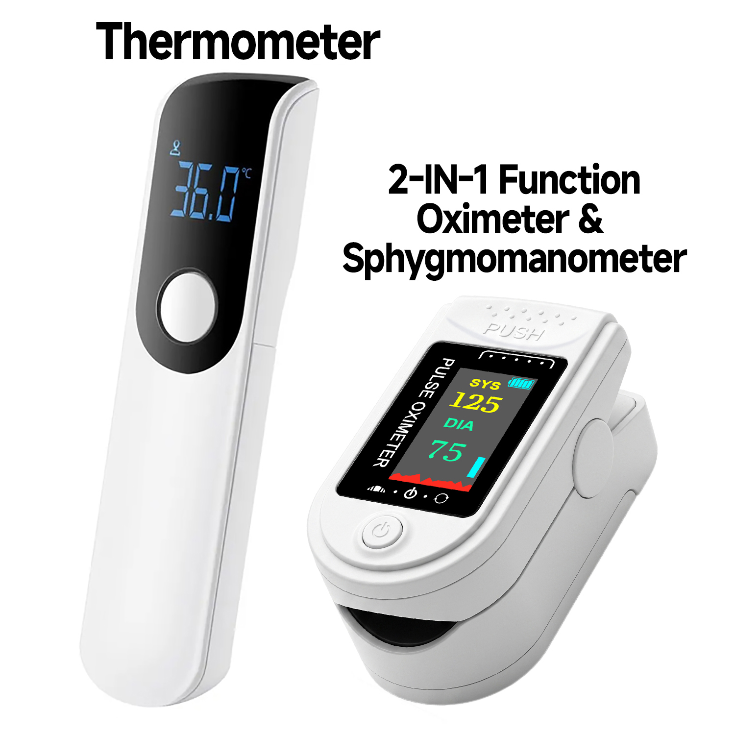 Pulse Oximeter - 小型体温計。医療用。体温測定器。または、1台で血中酸素飽和度と血圧を測定できる2in1の家庭用パーソナル検査キット。