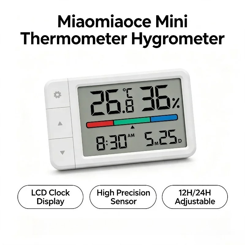 Thermometer Digital - Miaomiaoce ミニデジタル温湿度計、LCD画面、時刻表示、日付表示、高精度、屋内用、家庭用。