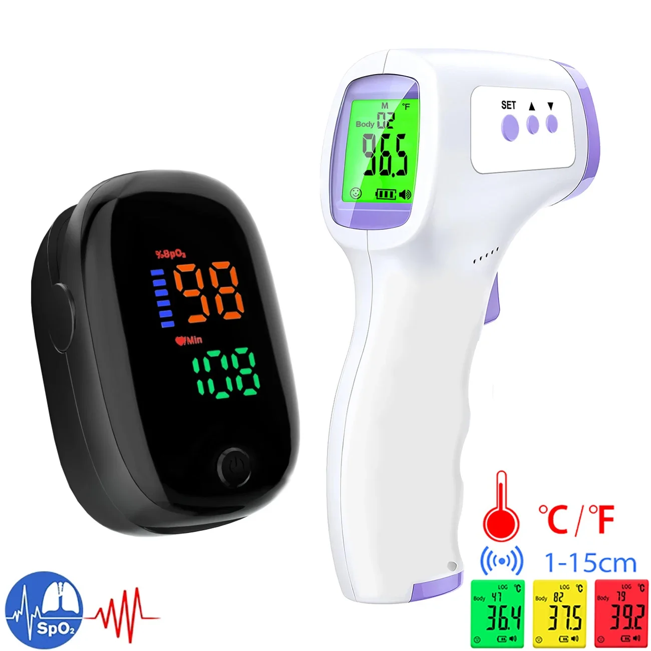 Pulse Oximeter - 医療用赤外線体温計、LEDバックライト付きデジタル表示、非接触式体温計、または指先用ミニパルスオキシメーター、血中酸素濃度測定器。