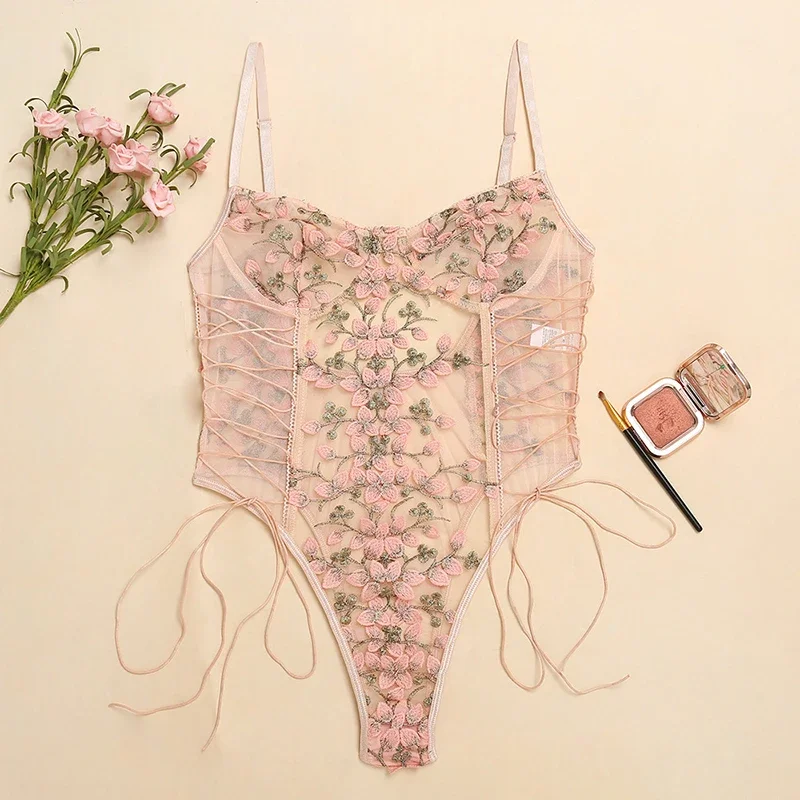 女性のセクシーなランジェリーボディスーツ花柄プリント刺繍透明 - Bandage のレビューと価格